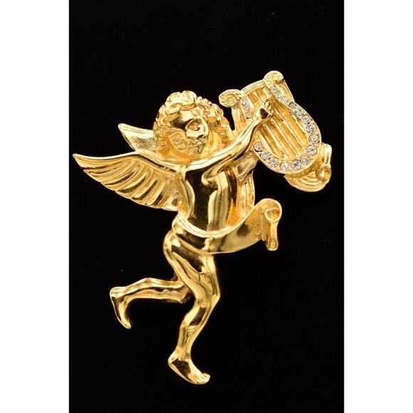 Givenchy Vintage Angel Pin Brooch Cherub Crystal Harp Gold Signed 1980s BinAH - Picture 1 of 12